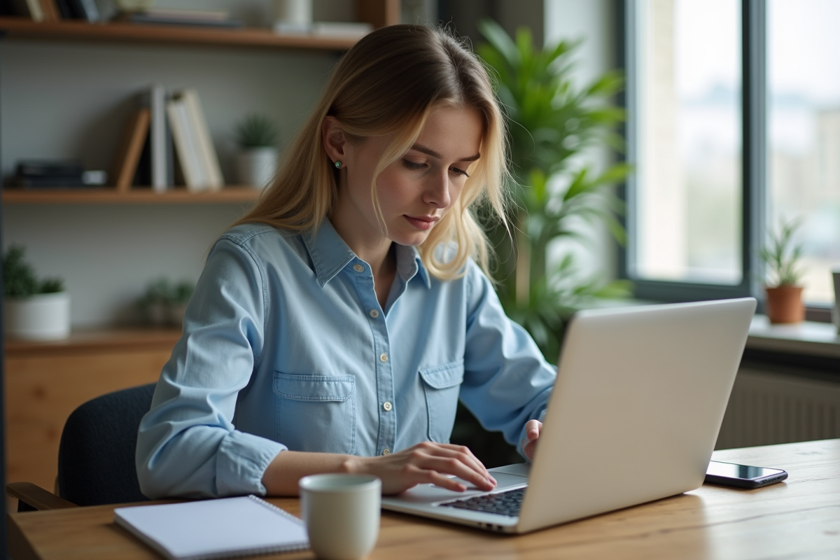 Jeune femme travaillant à domicile sur son ordinateur