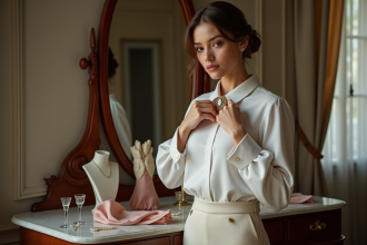 Jeune femme élégante ajustant une broche vintage