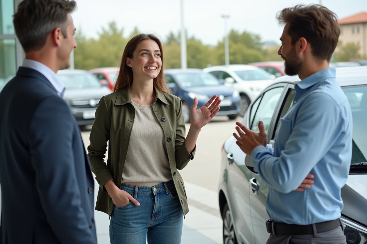 Jeune femme avec sa voiture compacte devant un concessionnaire en extérieur