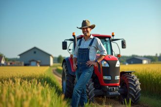 Fermeur inspectant un tracteur d'occasion en plein jour