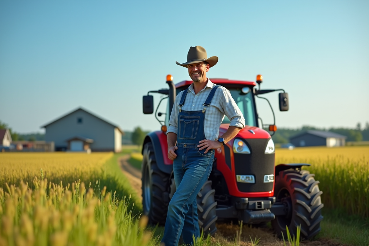 Fermeur inspectant un tracteur d'occasion en plein jour