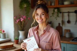 Femme souriante tenant un calendrier avec une date entourée dans une cuisine française traditionnelle