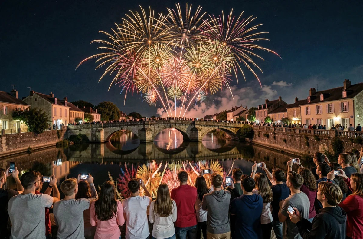 Feux d'artifice explosant au-dessus d'un pont de village français avec reflets dans la rivière et foule de spectateurs