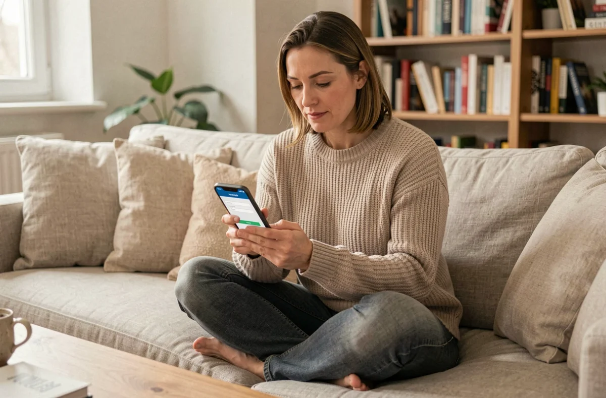 Femme remplissant un formulaire de contact sur son smartphone depuis son salon pour joindre lelabdubricoleur