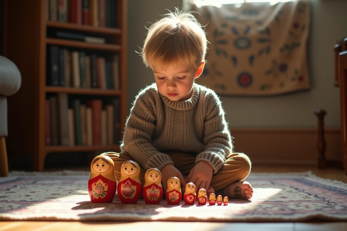Jeune garçon étudiant des poupées russes dans le salon