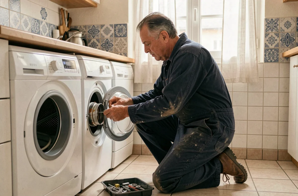 José Gomès, réparateur électroménager, remplaçant un élément chauffant dans un sèche-linge à Saint-Pierre-des-Corps