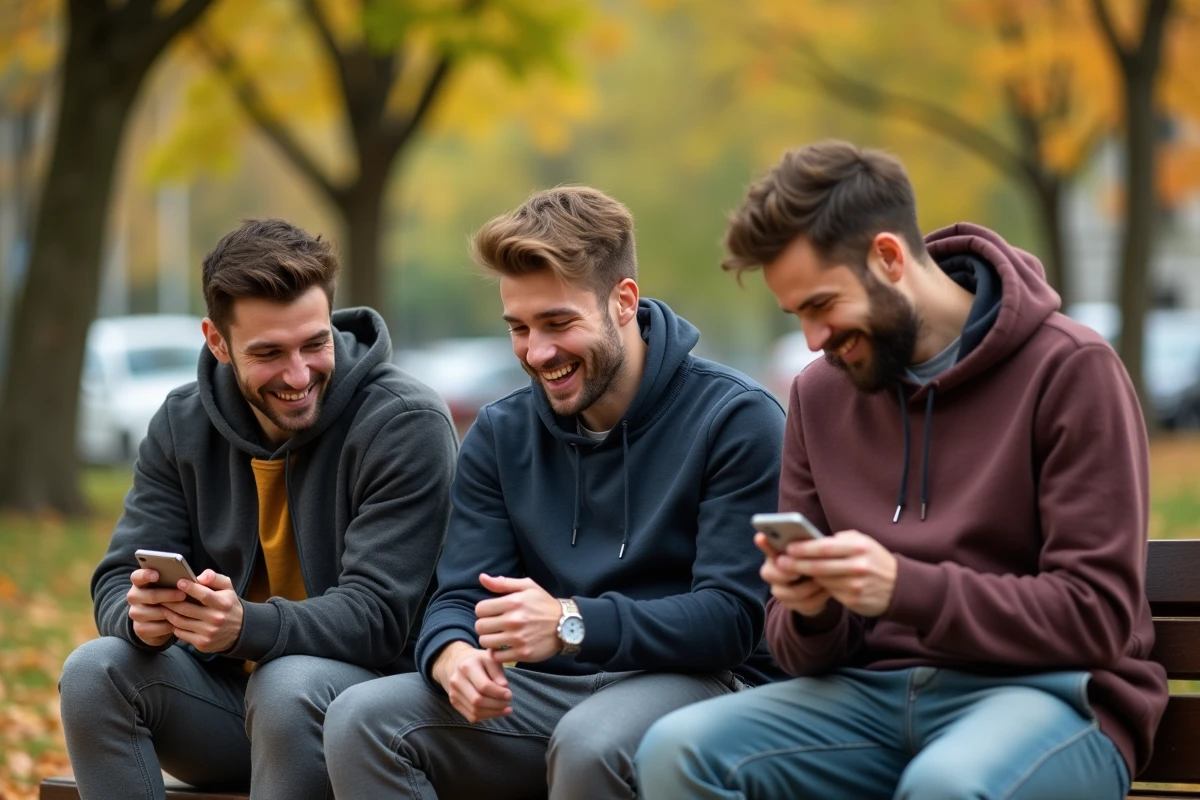 Groupe d'amis hommes qui s'amusent en partageant des messages drôles dans un parc