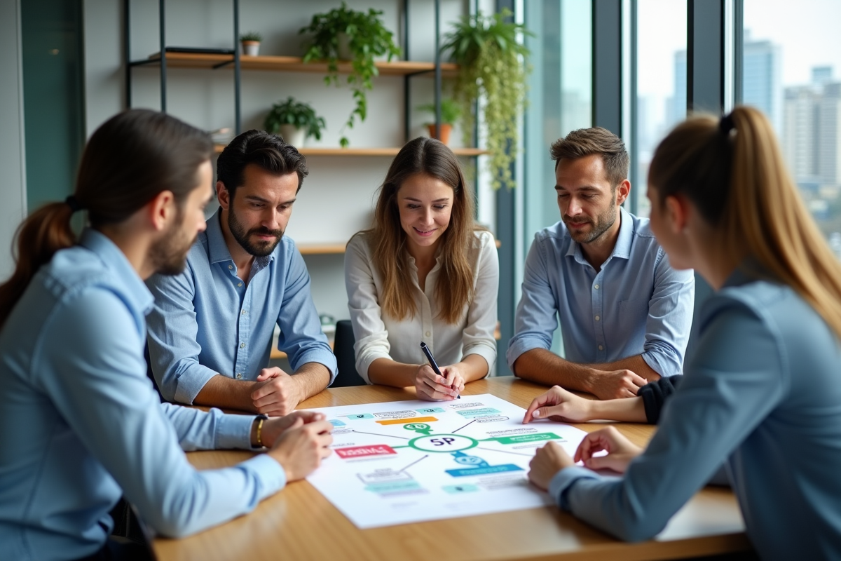 Groupe de professionnels discutant autour d'une table avec carte mentale 5P