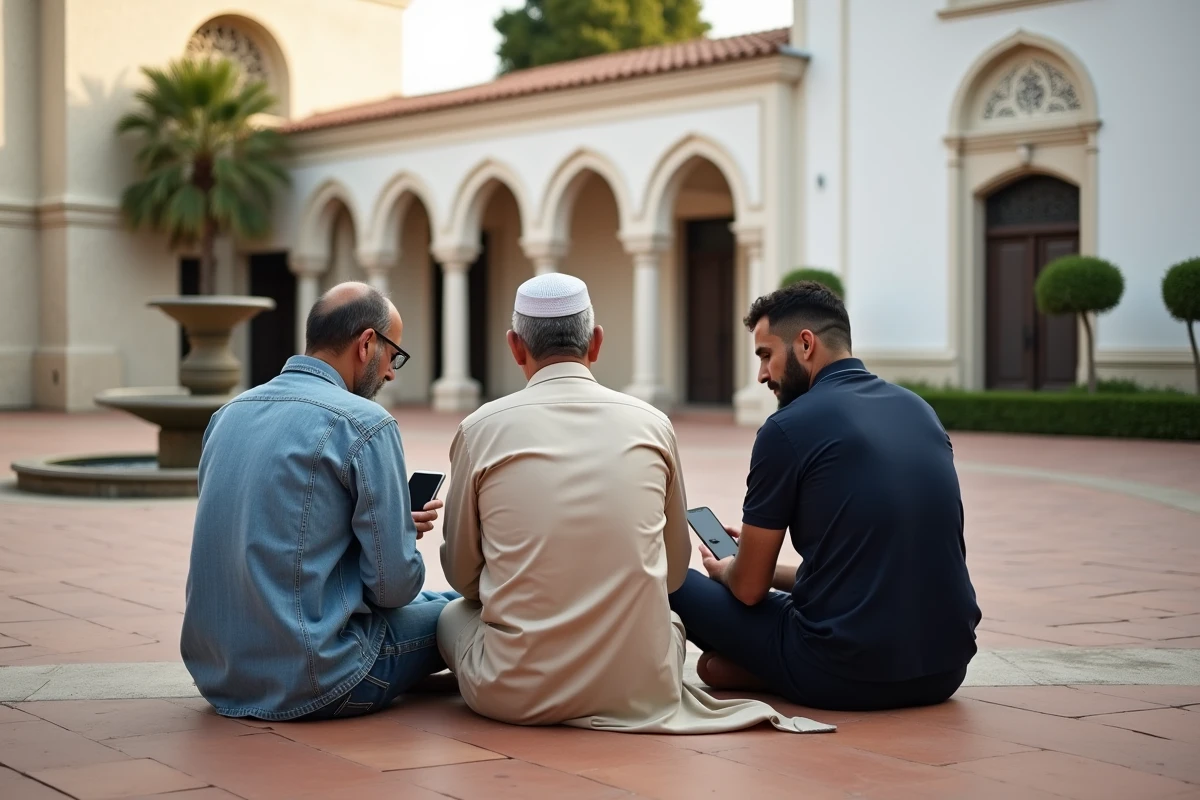 Groupe d'hommes consultant les horaires de prière sur smartphone devant la cour d'une mosquée à Mantes-la-Jolie