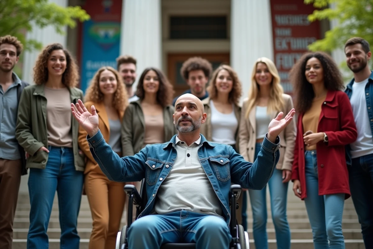 Jeunes adultes discutant avec un homme en fauteuil roulant en extérieur