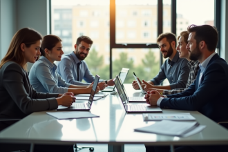 Groupe de professionnels en réunion de travail dynamique