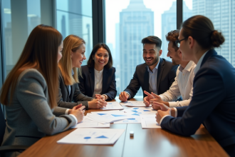 Groupe de professionnels discutant autour d'une table avec diagrammes blockchain