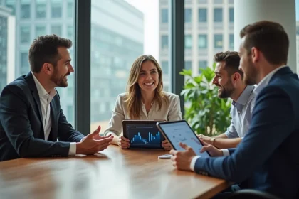 Groupe de trois professionnels en réunion dans un bureau moderne