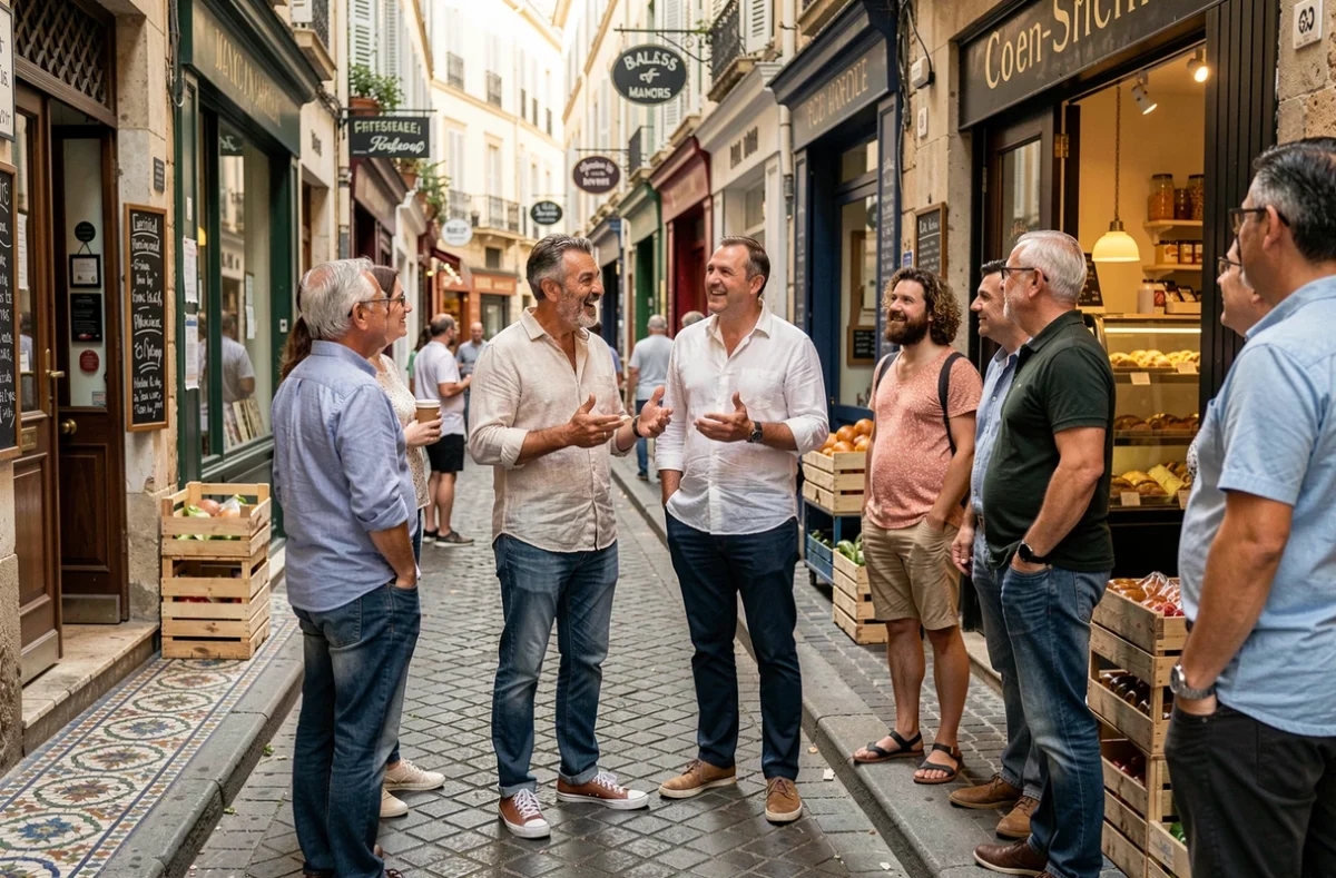Guide local animant une visite touristique responsable dans une rue commerçante d'un quartier populaire de Marseille