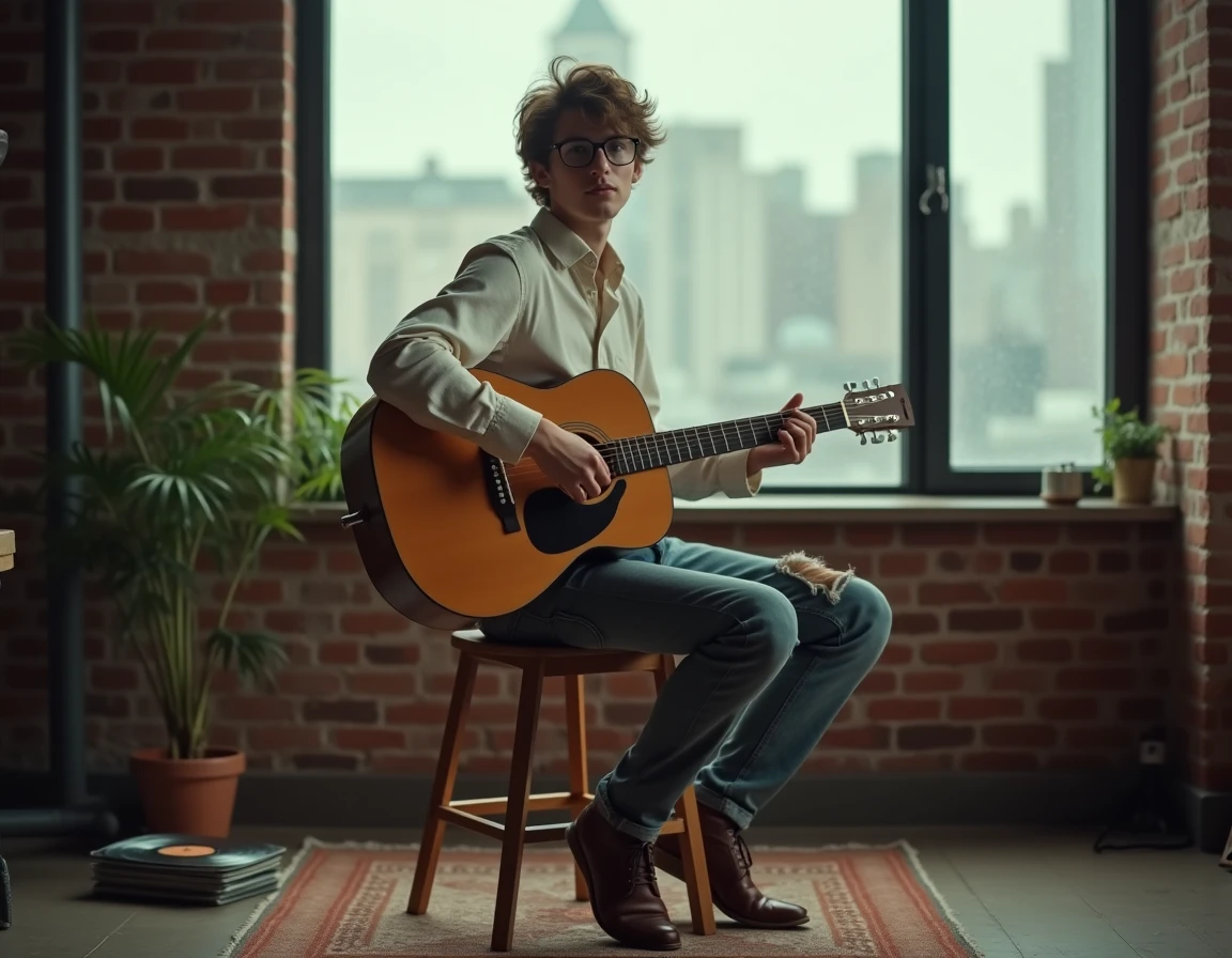 Jeune guitariste acoustique dans un loft urbain aux murs de briques, atmosphère années 70 évoquant la reprise de Stand By Me par John Lennon
