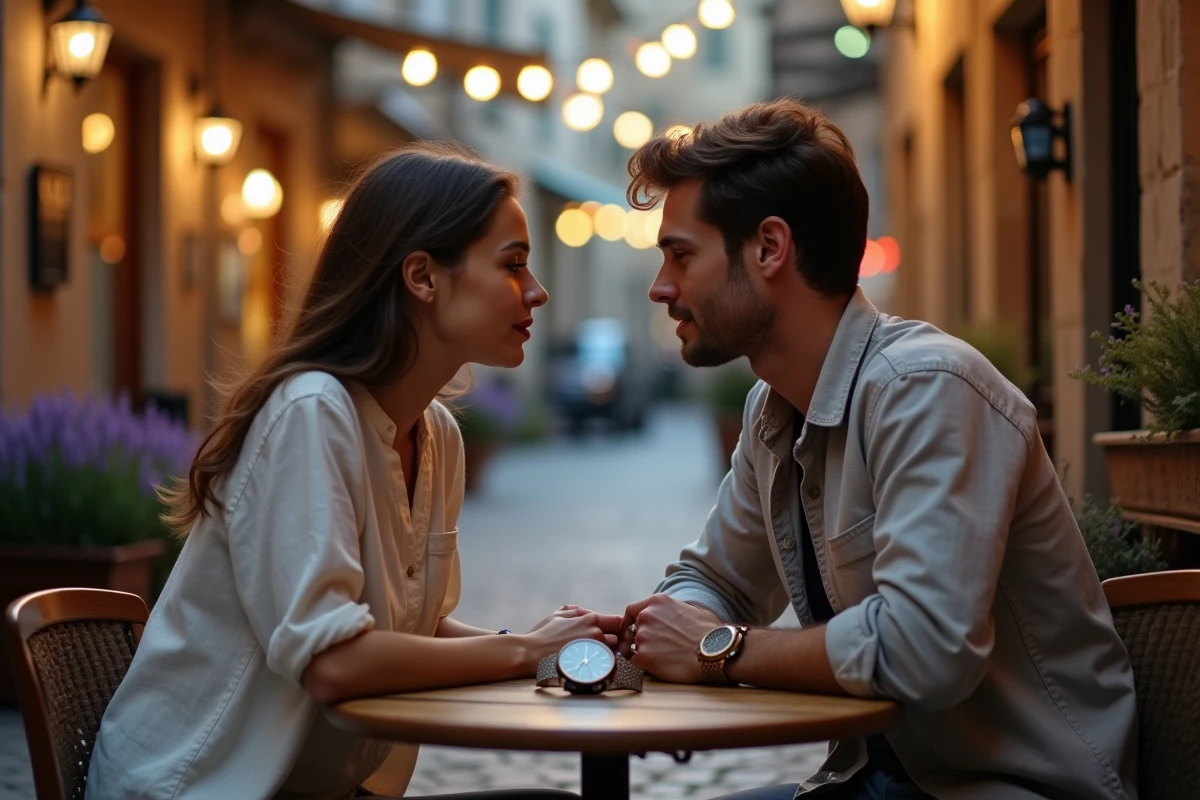 Couple découvrant l'heure miroir 21h12 sur une montre vintage dans un café européen, évoquant les liens karmiques et la synchronicité en amour