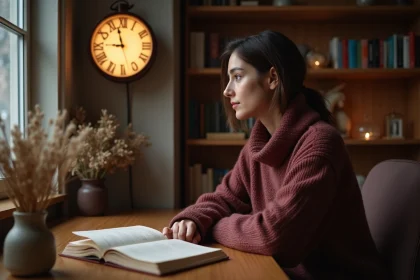 Femme contemplant une horloge affichant 21h12 dans un appartement cosy, symbolisant l'heure miroir inversée et ses significations en amour