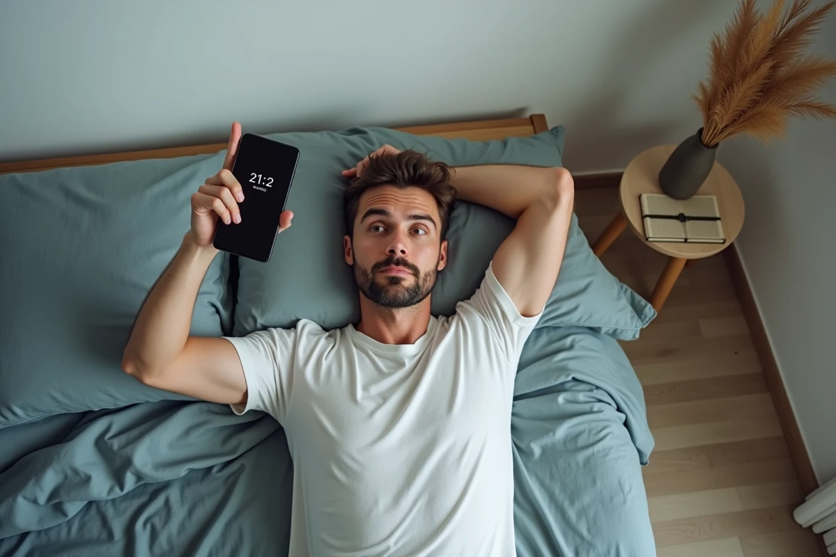 Homme contemplant l'heure 21h12 sur son téléphone allongé dans sa chambre, illustration de la signification spirituelle et karmique de l'heure miroir inversée
