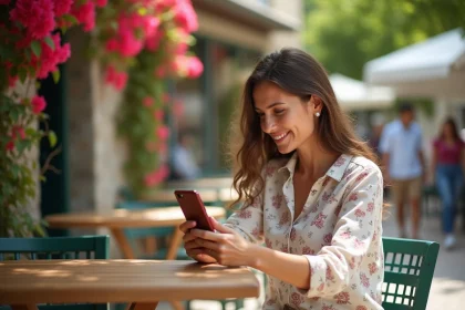 Femme consultant l'heure sur son smartphone à une terrasse tropicale à La Réunion, comparant le décalage horaire avec la France