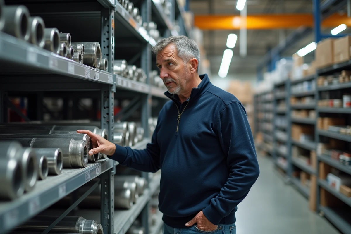 Homme d'âge moyen examine des tuyaux en inox en magasin