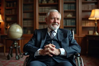 Homme âgé en costume assis dans un fauteuil roulant élégant