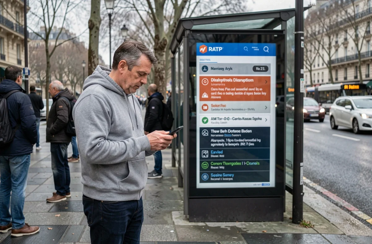 Homme consultant les perturbations RATP en temps réel sur son téléphone à un arrêt de bus parisien lors d'une grève