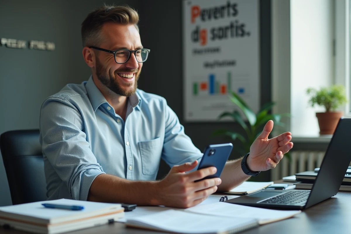 Homme d age moyen utilisant son smartphone avec logo Pedantix