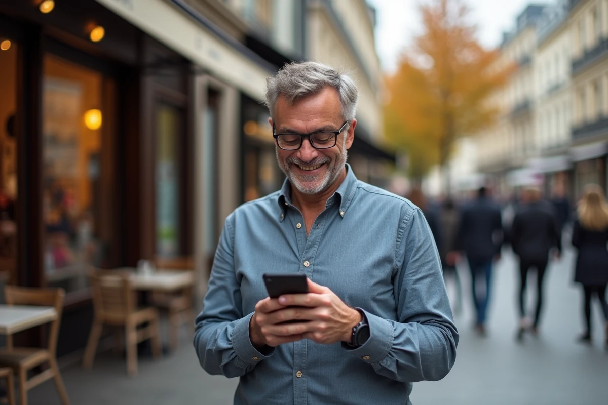 Homme vérifie Black Friday 2026 dans une rue parisienne