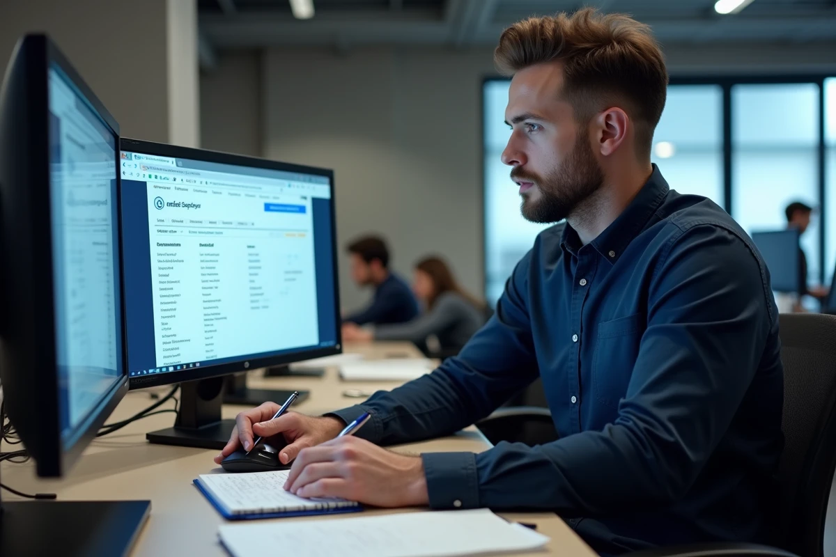 Homme en bureau moderne comparant plusieurs annuaires en ligne sur deux écrans pour une recherche d'annuaire inversé