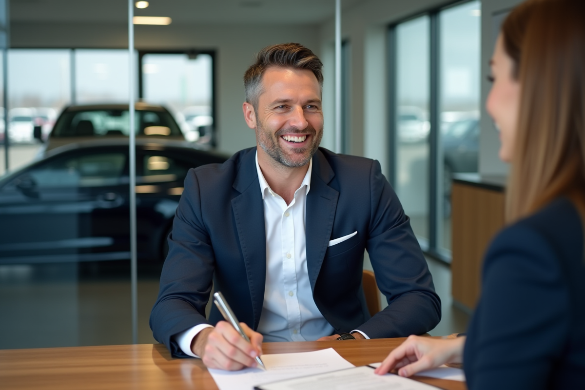 Homme en tenue smart casual discutant avec une vendeuse dans un concessionnaire