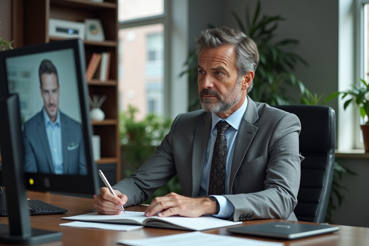 Homme en costume consulte un conseiller fiscal en visioconference