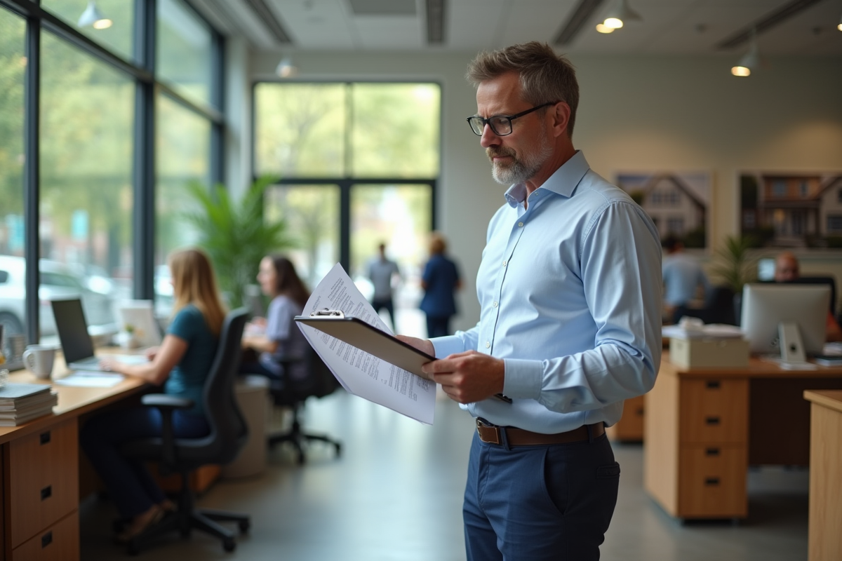 Homme d affaires examinant contrats de location dans un bureau lumineux