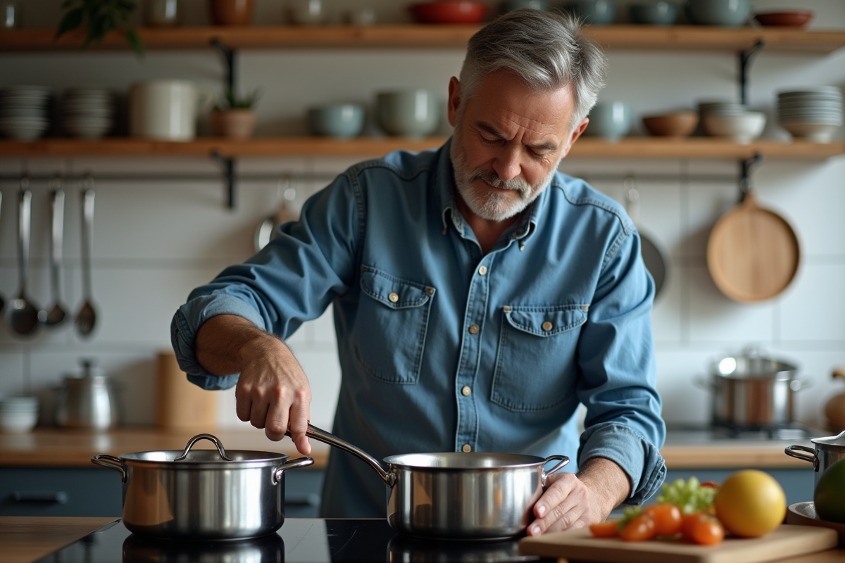 Homme inspectant une casserole en showroom cuisine