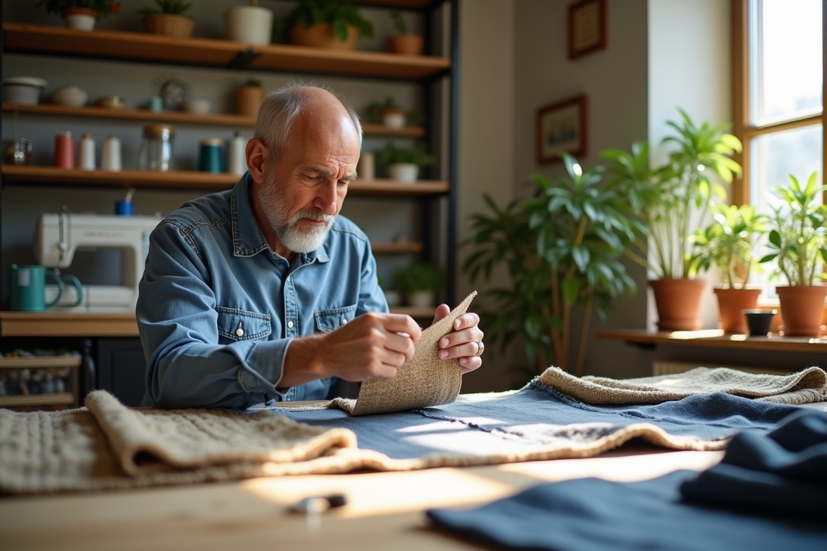 Homme comparant des échantillons de textiles dans son atelier