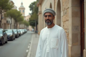 Homme devant l'entrée d'une mosquée à Mantes-la-Jolie, illustrant la pratique de la prière quotidienne