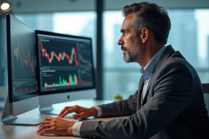 Homme d'affaires en costume gris analysant des graphiques financiers