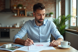 Homme d affaires regardant un document financier dans un intérieur moderne