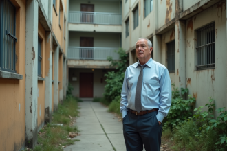 Homme d affaires observant un immeuble délabré