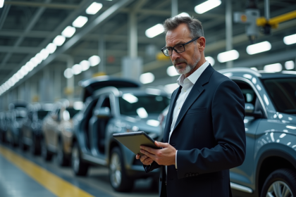 Homme d affaires dans l usine automobile en action