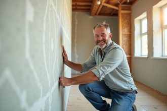 Homme en jeans vérifiant une isolation murale dans une maison en rénovation