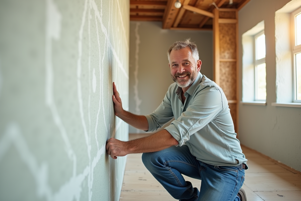 Homme en jeans vérifiant une isolation murale dans une maison en rénovation