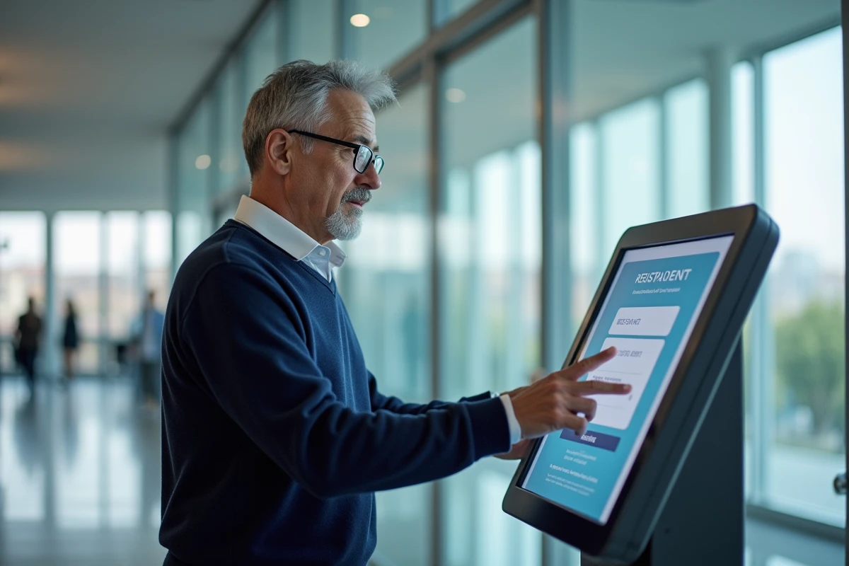 Homme utilisant un kiosque d