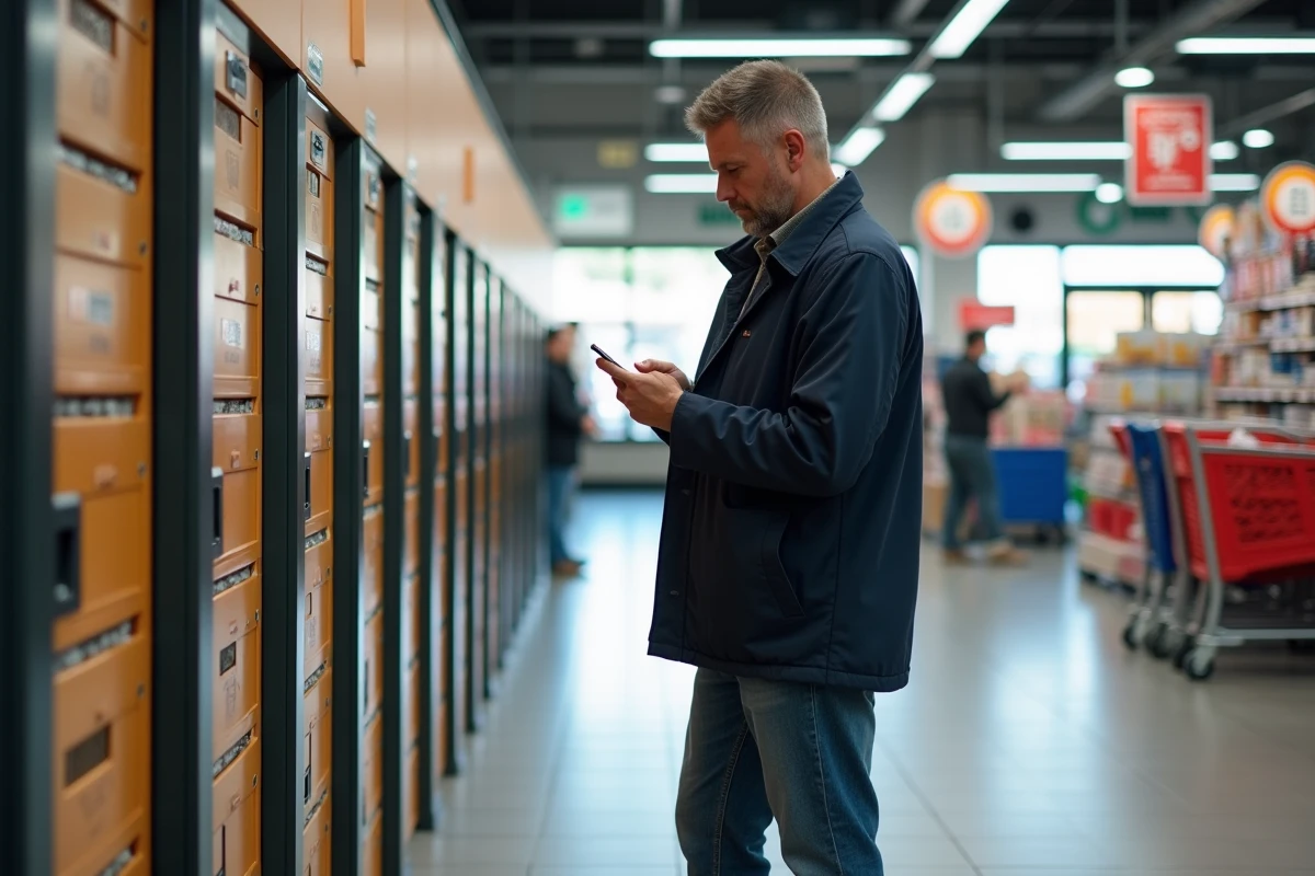 Homme vérifiant son téléphone près d’un casier de livraison