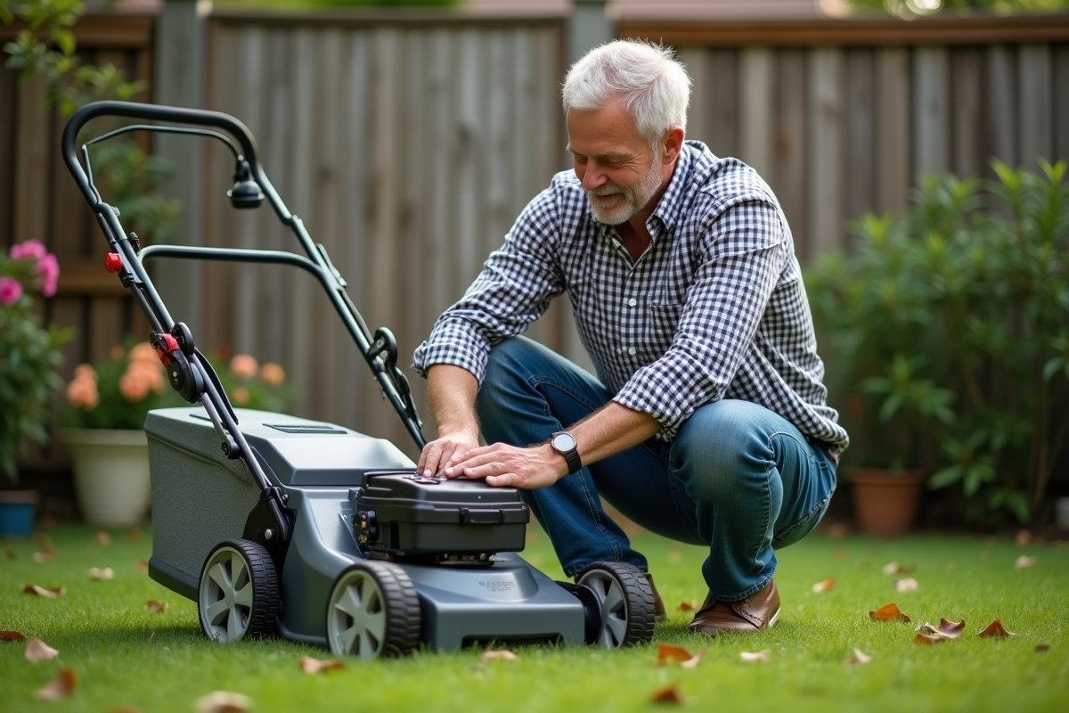 Homme insérant batterie dans tondeuse dans le jardin