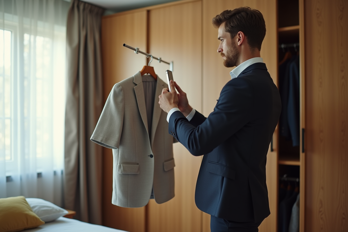 Homme habille photographiant un vetement pour une vente en ligne