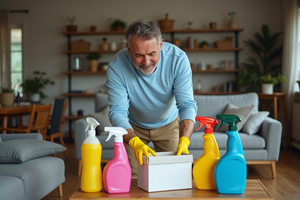 Homme organisant des produits de nettoyage dans le salon