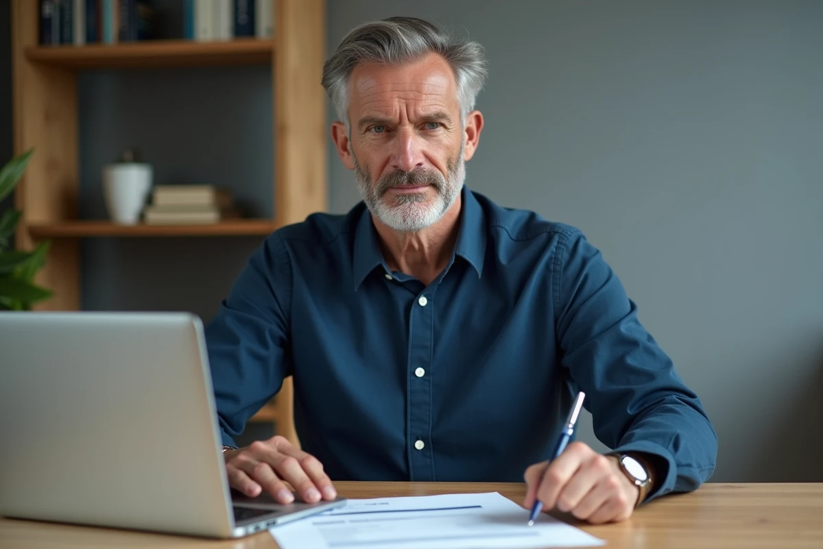 Homme rédigeant une réclamation en ligne sur le service Sosh depuis son bureau à domicile