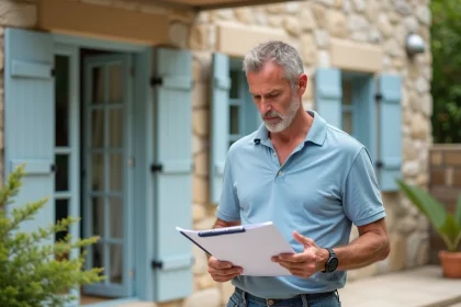 Homme d'âge moyen en polo bleu devant villa en rénovation