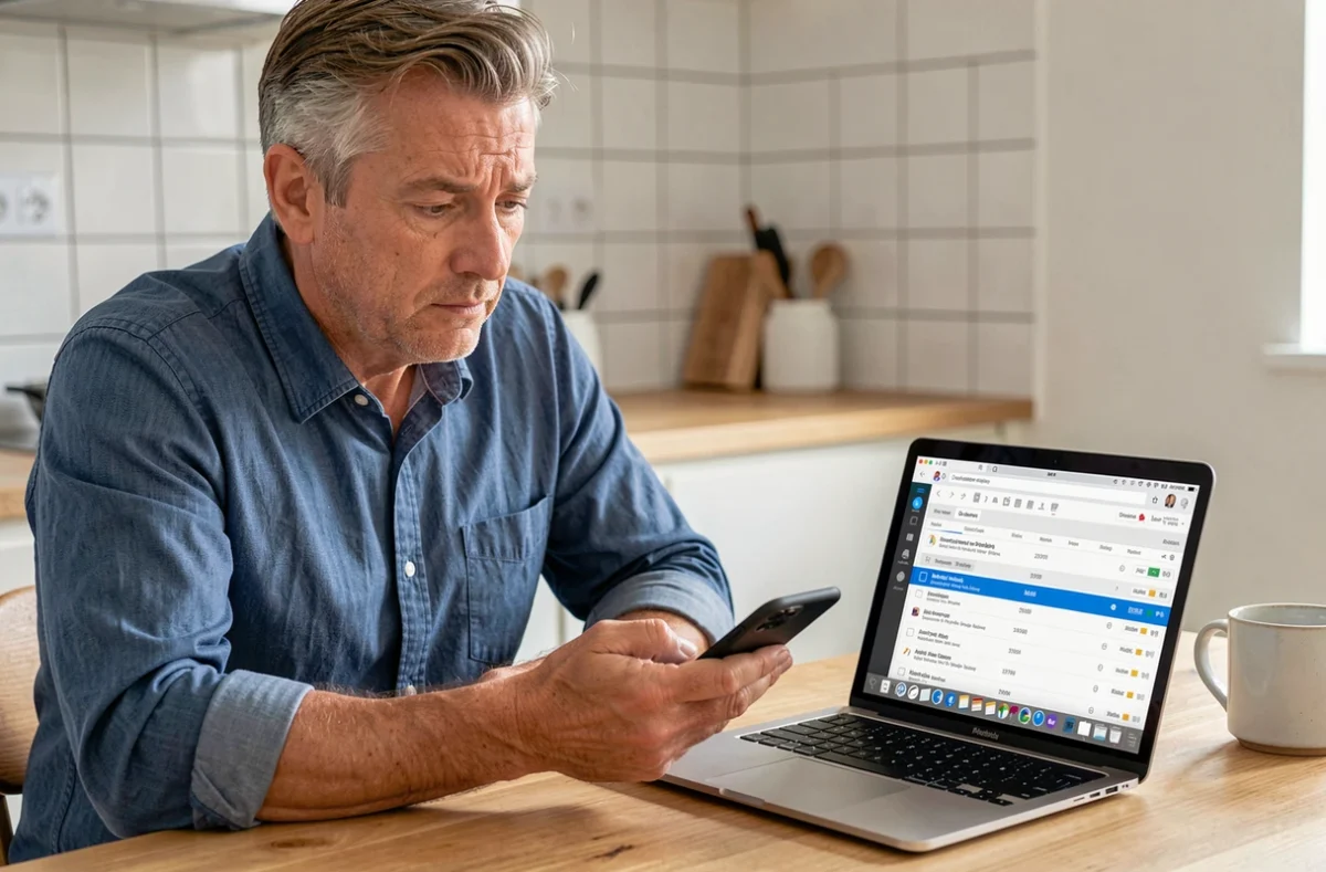 Homme gérant la sauvegarde de ses emails sur messagerie fixe Free depuis la cuisine avec un smartphone et un ordinateur portable