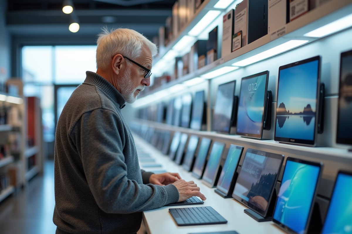 Homme âgé explore tablettes Samsung en magasin